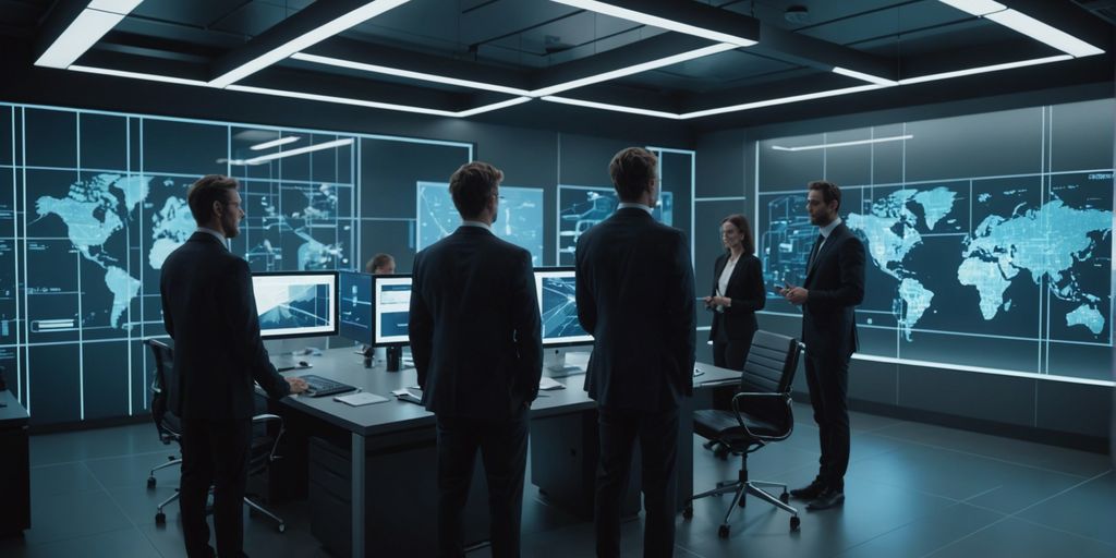 Professionals in a modern office using AI holograms, representing business applications of OpenAI Chat.