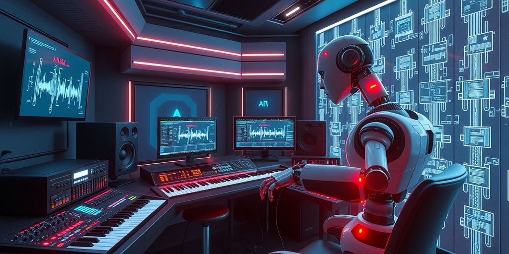 Futuristic AI music studio with robotic composer