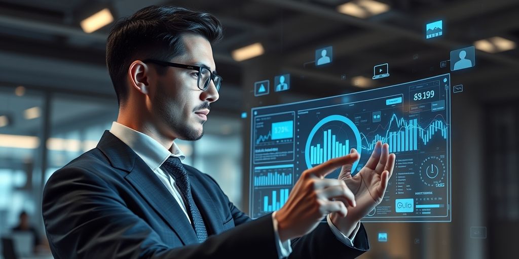 Business professional analyzing data with AI video elements.