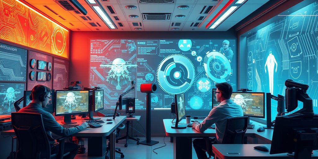 DALL-E 3 verstehen - Futuristic game development studio with advanced technology