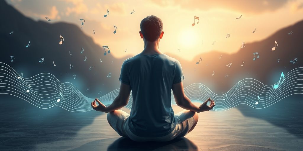 Person meditating with floating musical notes