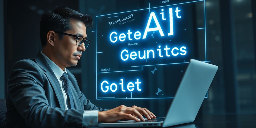 Business professional with AI text holograms - KI Texte